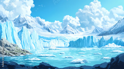 Panoramic view of perito moreno glacier in los glaciares national park, argentina, showcasing the dramatic collapse of ice chunks into turquoise waters under a clear sky. Glaciered. Illustration photo