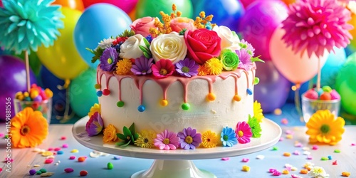 Vibrant colorful birthday cake with fluffy white frosting and decorated with edible flowers, balloons and confetti , frosting