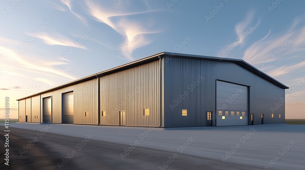 Obraz premium Modern industrial warehouse with a spacious design, featuring durable metal construction, large garage doors, and a clean exterior layout under a bright sky, perfect for storage, manufacturing, or log