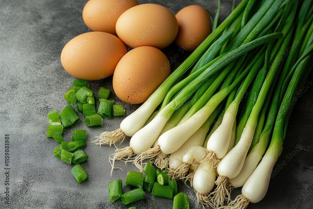 Composition made of vegetables, green onion and eggs