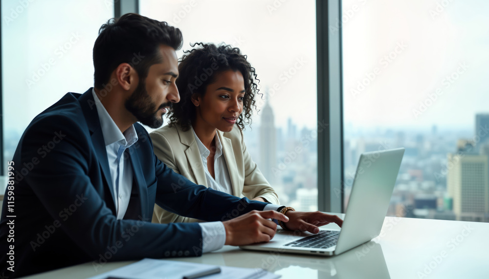 Indian male CEO, female African American colleague discuss financial operations. Work together on laptop in modern office near panoramic window. Business consultation, collaboration. Pro teamwork in Indian male CEO, female African American colleague discuss financial operations. Work together on laptop in modern office near panoramic window. Business consultation, collaboration. Pro teamwork in