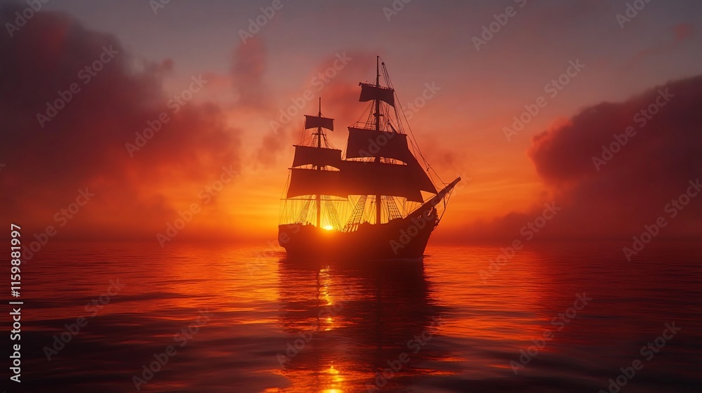 Silhouette of a sailing ship at sunset on the ocean. Silhouette of a sailing ship at sunset on the ocean.