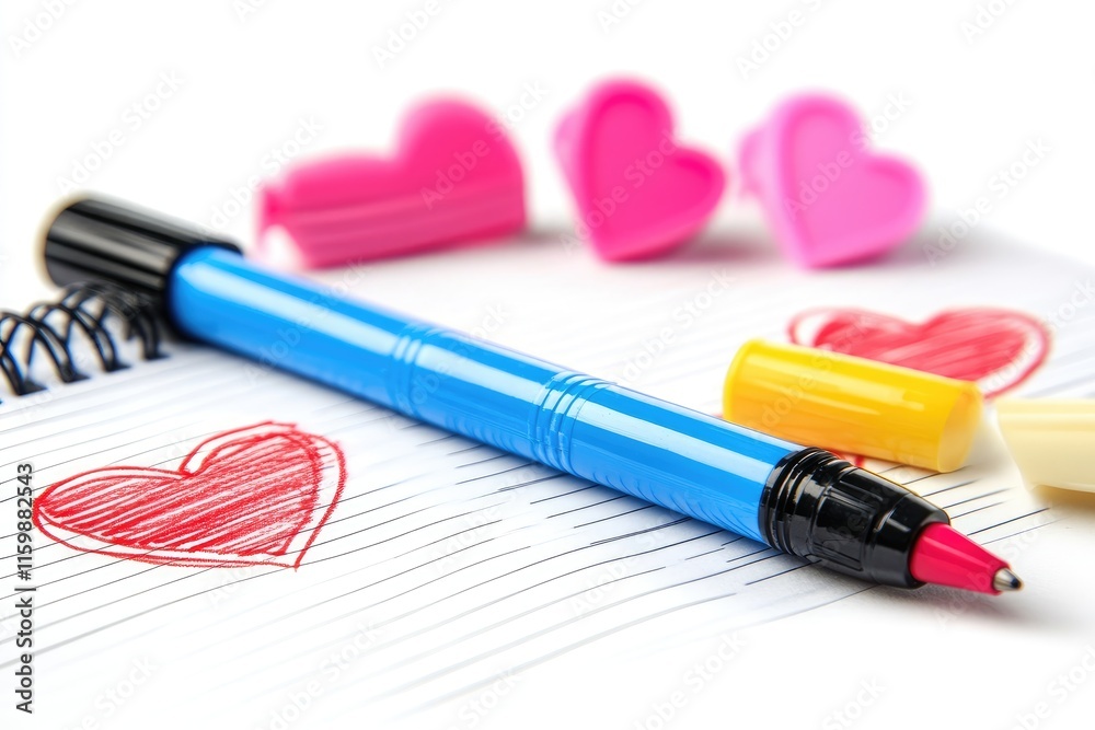 Notebook with markers and hearts on a white background. Template for Valentine's Day greetings.