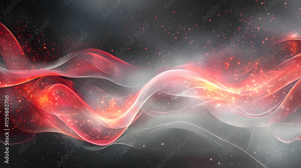 Fototapeta premium Abstract radiant crimson waves flowing over a soft gray background with glowing nebula patterns and dynamic starlight accents