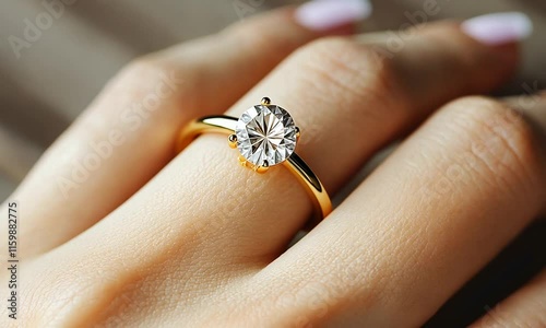 A close-up of a gold ring featuring a large diamond on a finger.