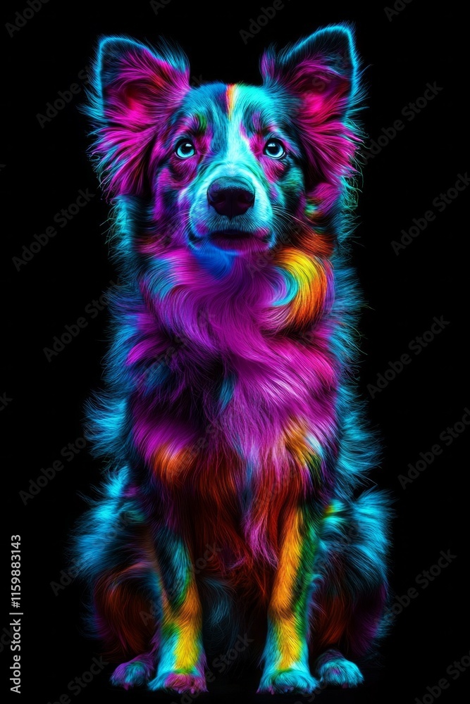 Naklejka premium Neon rainbow dog with vibrant fur against dark background