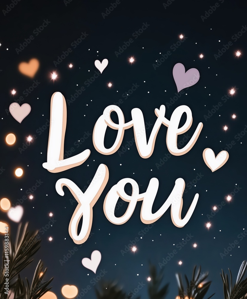 Fototapeta premium Love You text with hearts and bokeh lights on a night sky