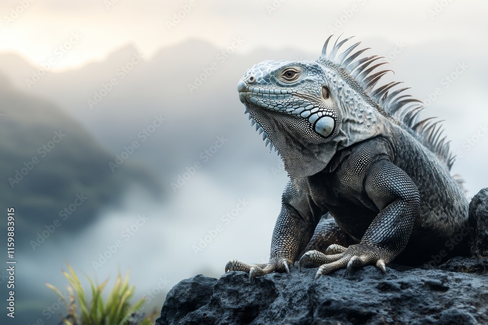 Obraz premium A dramatic image of an iguana illuminated by moonlight, perched on a rocky cliff with a misty background