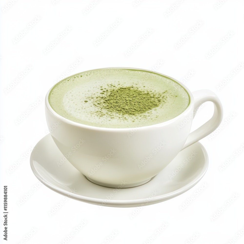Matcha latte in a ceramic cup. Featuring matcha powder and milk foam Matcha latte in a ceramic cup. Featuring matcha powder and milk foam