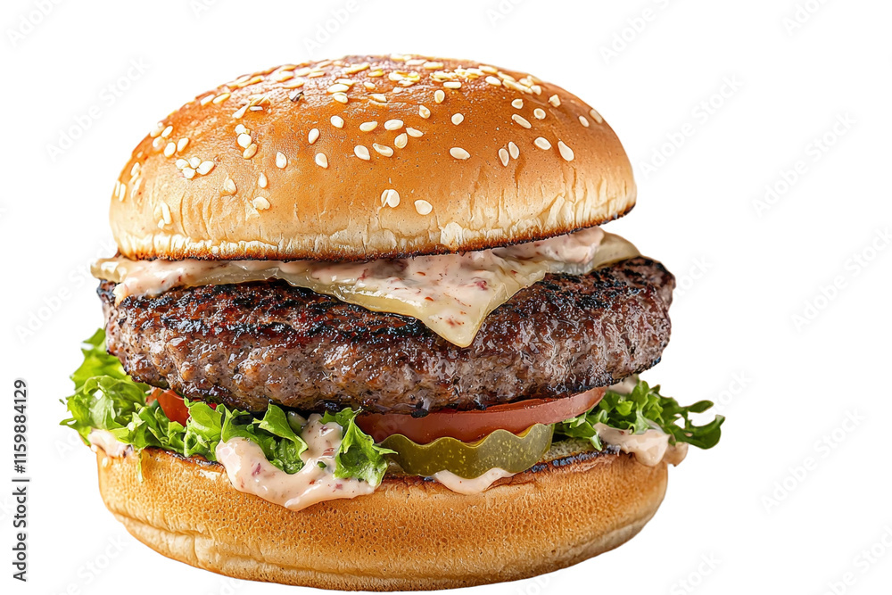 A hamburger with lettuce, tomato, and cheese on a bun A hamburger with lettuce, tomato, and cheese on a bun