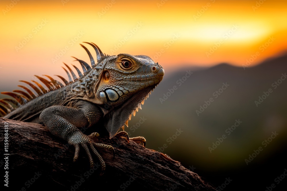 Fototapeta premium A dramatic shot of an iguana climbing a vertical tree trunk, with its spines silhouetted against a bright sky