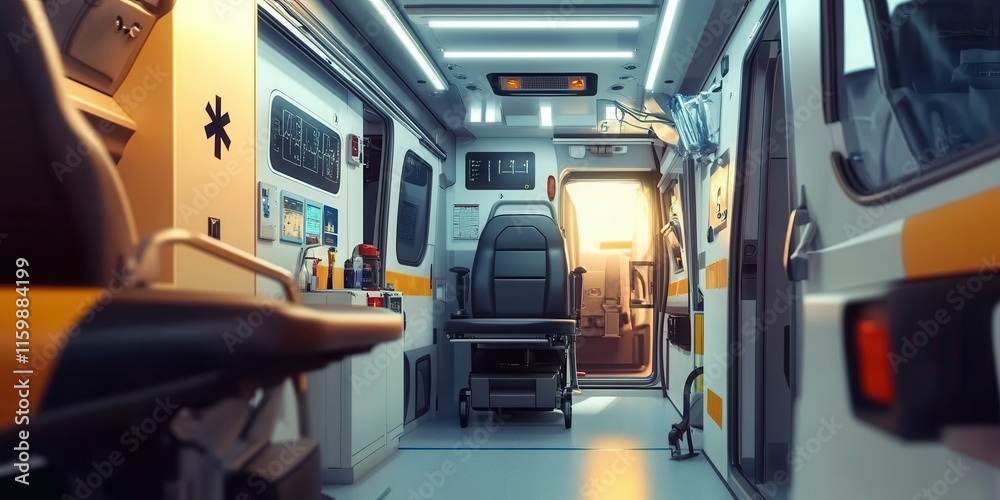 Modern ambulance inside vehicle safety interior, ambulance panorama banner. Modern ambulance inside vehicle safety interior, ambulance panorama banner.