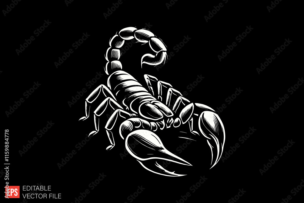 White Scorpion Illustration on Black Background in Vector Format