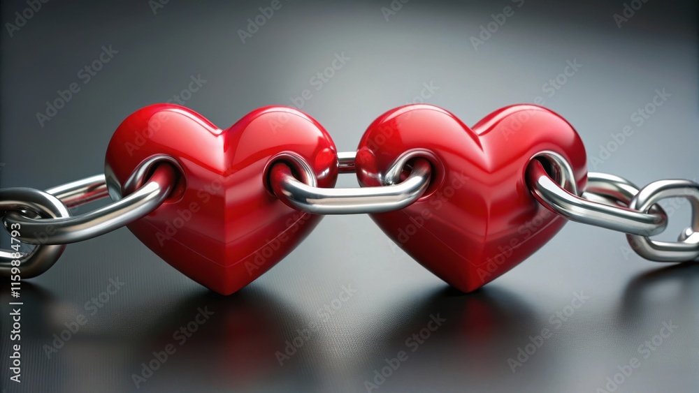 Obraz premium Two Red Hearts Connected Through a Chain , heart connection, symbol, heart connection, symbol