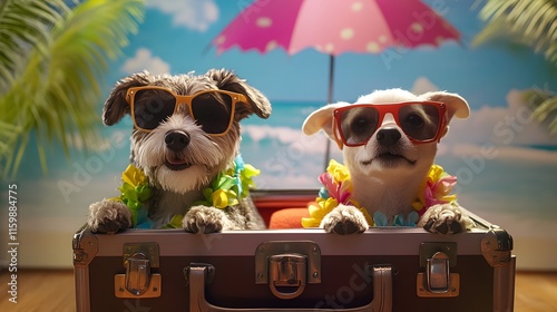 Two dogs wearing sunglasses and leis sit inside a suitcase with an umbrella at a fun beach-themed setting. photo