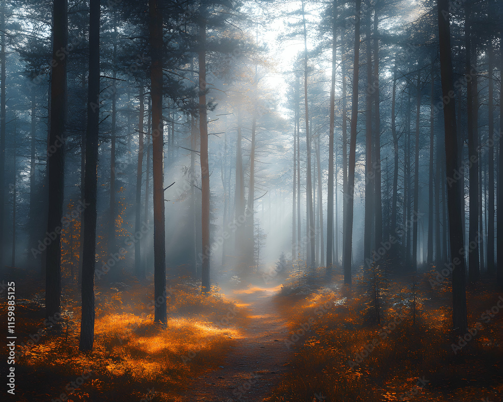 Obraz premium Mystical autumn forest path, sun rays pierce through fog, creating a magical atmosphere. Perfect for fantasy, fairytale, or nature themes.