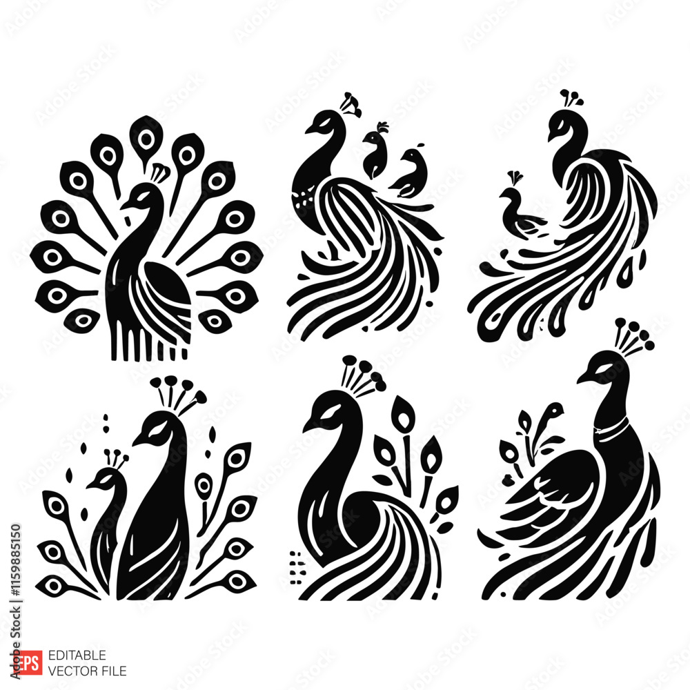 Fototapeta premium Silhouetted Peacock Illustrations with Intricate Feather Patterns in Black Design