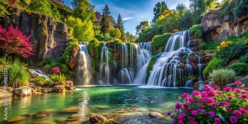 Waterfall into foamy river with lush greenery and vibrant flowers, surrounded by tall trees and rocky formations , nature