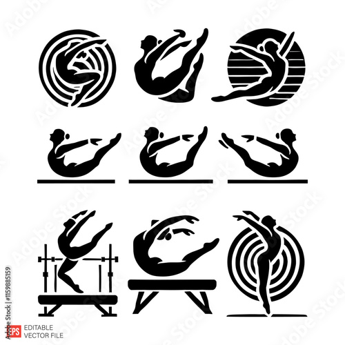 Silhouette Illustrations of Female Gymnasts in Artistic Poses and Movements