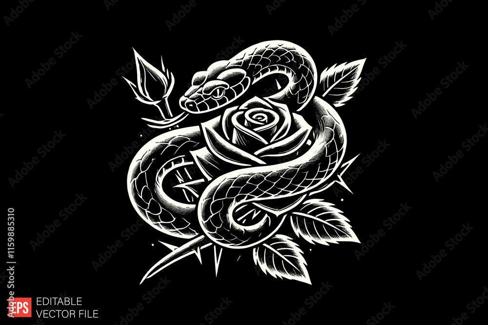 Fototapeta premium Intricate Snake and Rose Design in Monochrome Vector Illustration