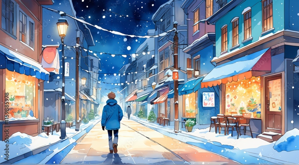 Obraz premium Winter stroll in a snowy night city: a whimsical illustration of cozy urban serenity