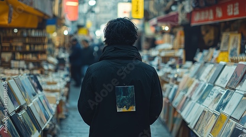 Person walking through a bustling market street lined with books and various goods. photo