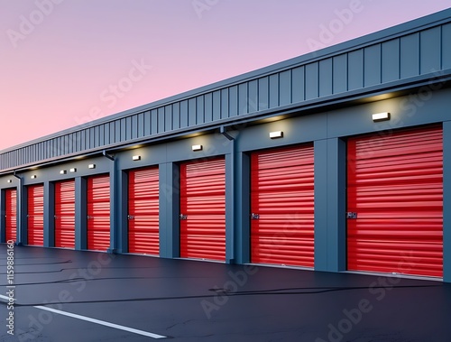 Modern self-storage facility with bold red roll-up doors, sleek metal architecture, and bright lighting, offering secure and accessible storage solutions for personal and business needs, captured at d