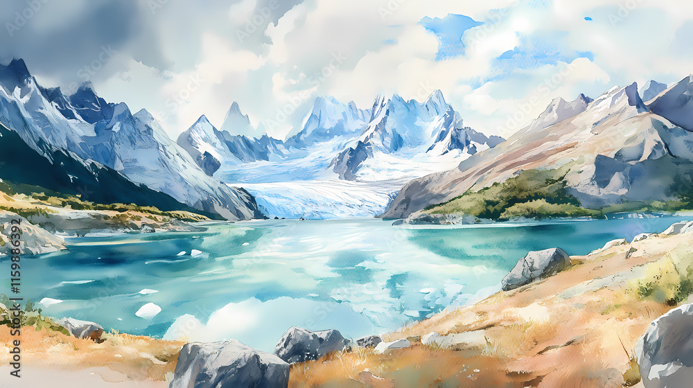 Obraz premium A watercolor painting of los glaciares national park in argentina, featuring the stunning perito moreno glacier, rugged mountains, and crystal-clear lakes. Glaciered. Illustration