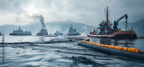 Tugboats and booms contain an oil spill.