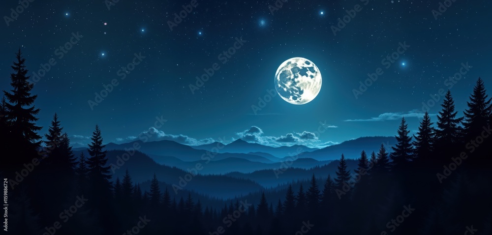 Naklejka premium Night scene with starry sky, moon over mountain range covered with dark forest. Silhouettes of trees against deep blue sky. Landscape full of nature details like clouds, mountains. Beautiful serene