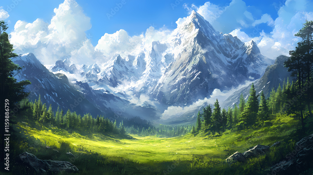 Beautiful green forest with snowy mountains in the background, sky with clouds. Glaciered. Illustration Beautiful green forest with snowy mountains in the background, sky with clouds. Glaciered. Illustration