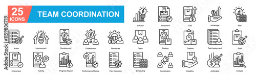 Team Coordination Icon Sheet Action, Improvement, Development, Collaboration, Resources, Team, Strategy, Timeline, Task Assignment, Goal, Plan, Checkmark, Activity, Progress Report, Performance