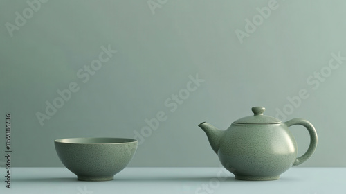 Sage green teapot and bowl on a muted background. Simple, elegant, and perfect for a calming aesthetic.