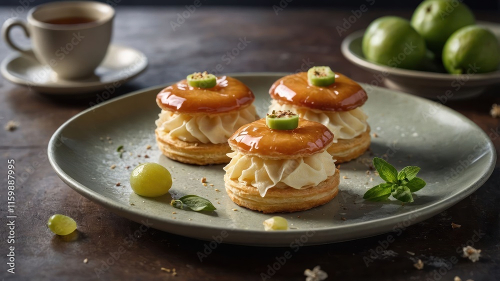 Three elegant pastries with cream and caramel, garnished with lime, on a rustic plate. Three elegant pastries with cream and caramel, garnished with lime, on a rustic plate.