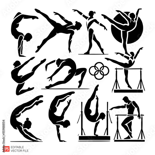 Silhouette Illustrations of Female Gymnasts in Artistic Poses and Movements