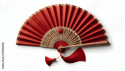 Chinese new year A top-down view of a traditional red fan with a pleated fabric top, a carved beige handle, and a red4 photo