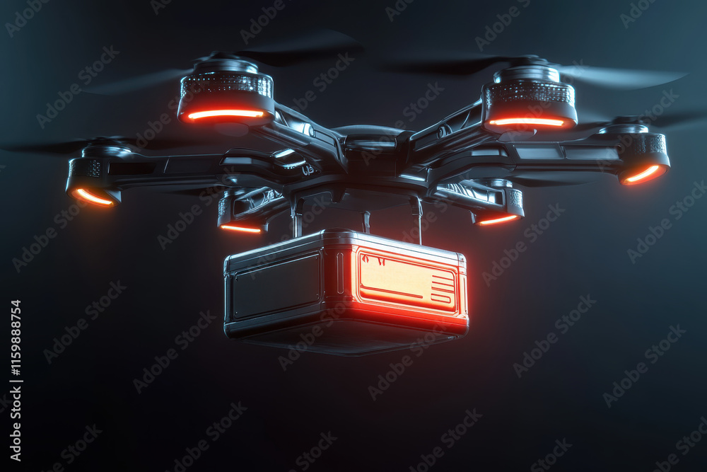 Naklejka premium Futuristic drone delivering a package at night. Glowing lights illuminate the sleek design, showcasing advanced technology.