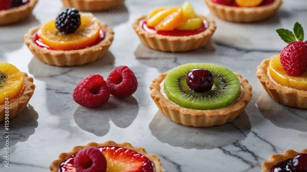 A variety of colorful fruit tarts arranged on a marble surface, showcasing vibrant toppings. A variety of colorful fruit tarts arranged on a marble surface, showcasing vibrant toppings.