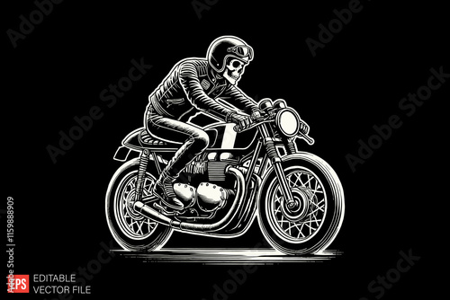 Skull Rider on Motorcycle Illustration Depicting Speed and Adventure in Retro Style