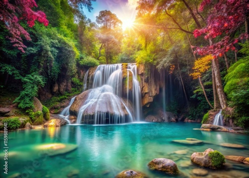 Erawan's cascading beauty: a double exposure dream, layered magic in stunning Thailand nature.