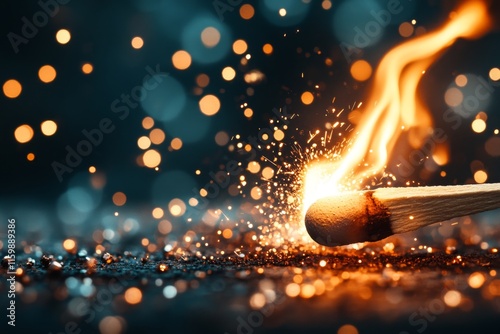 A hyper-realistic close-up of a matchstick igniting, with sharp details of the flame and tiny sparks flying out