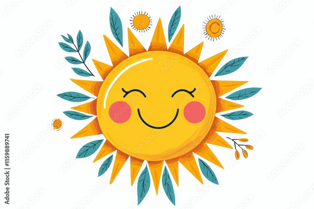 Smiling sun with green leaves surrounding it Smiling sun with green leaves surrounding it