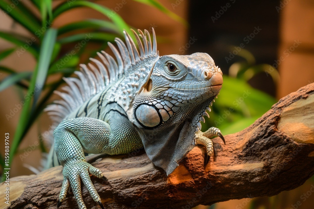Fototapeta premium A large iguana climbing a tree branch, its tail wrapped around the bark and its head turned toward the camera