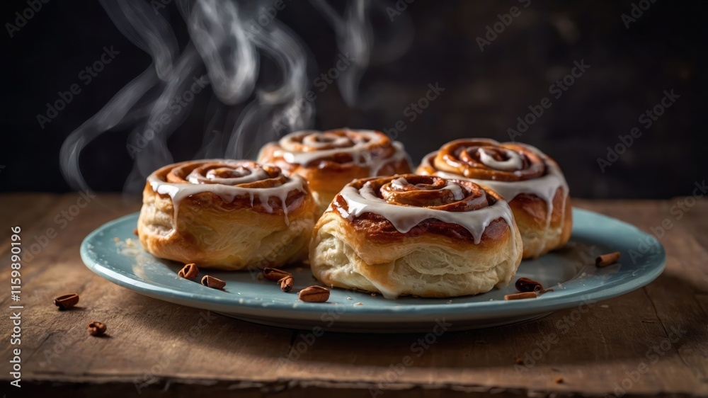 Freshly baked cinnamon rolls with icing on a wooden table, emitting steam. Freshly baked cinnamon rolls with icing on a wooden table, emitting steam.