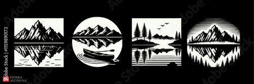 Set of NatureThemed Illustrations Featuring Mountains Forests and Outdoor Scenes