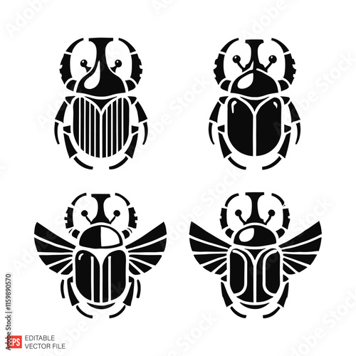 Vector Set of Stylized Scarab Insects Illustrations in Black and White