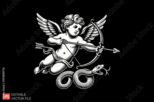 Illustrated Cupid Angel with Bow and Arrow Art on Black Background