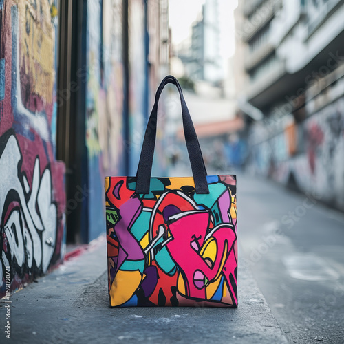 Colorful tote bag with graffiti art design sits on a city street. photo