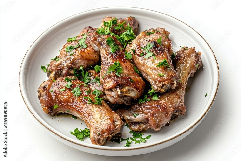 roasted chicken wings with parsley in the plate isolated on white roasted chicken wings with parsley in the plate isolated on white
