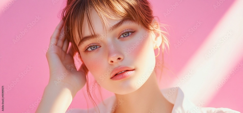 Naklejka premium Young woman with bangs, pink background.